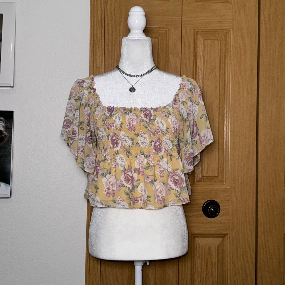 Altar'd State Floral Smocked Top Yellow Flutter Sleeves Women's Medium Coquette